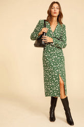 Langärmliges Midikleid mit französischem Hemd und Blumenmuster - Grün